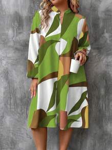 EMERY ROSE Plus Size Casual Color-Block Cutout Neck Lantern Sleeve Loose Dress, Autumn Fall Cloth For Women