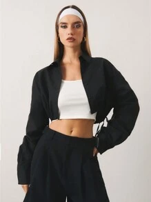 SHEIN Unity Women's Casual Simple Solid Color Drawstring Hem Cropped Shirt - Black - View 7