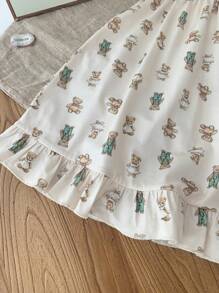 SHEIN Baby Girl Cute Cartoon Bear Pattern Ruffle Hem Round Neck Knit Nightgown - Khaki - View 3