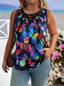 SHEIN LUNE Blusa informal de talla grande con estampado de mariposa calada en todo el frente y lazo