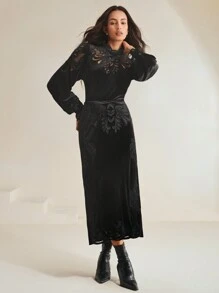 Anewsta Women Stand Collar Lantern Sleeve Lace Embroidery Velvet Blouse And Straight Skirt 2pcs Suit Set, Autumn/Winter - Black - View 5