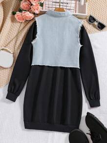 Teen Girl Blue Denim Crop Jean Jacket & Black Long Sleeve Hoodie Casual Set, Autumn - Black - View 2