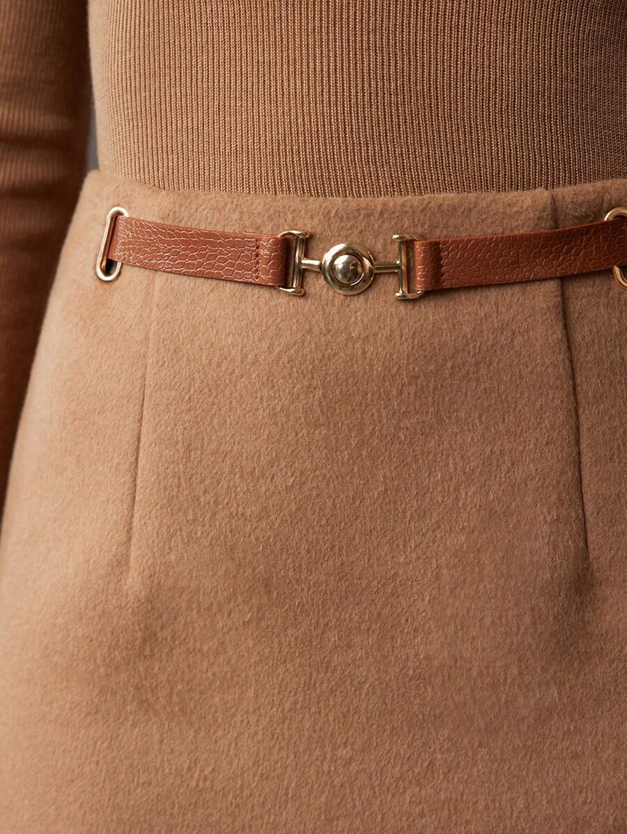 MOTF PREMIUM WOOL SOLID BUCKLE WAIST STRAIGHT SKIRT - Khaki - View 2