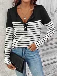 SHEIN LUNE Women's Black And White Striped Patchwork Long Sleeve Textured T-Shirt, Spring/Fall - Black and White - View 3