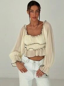 Aloruh 女士浪漫约会杏色长款泡泡袖撞色饰边分层开衩下摆衬衫