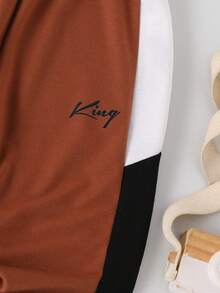 SHEIN 年轻男孩 2 件套字母撞色圆领长袖休闲运动衫和裤子套装，秋季 - 彩色 - 查看 6