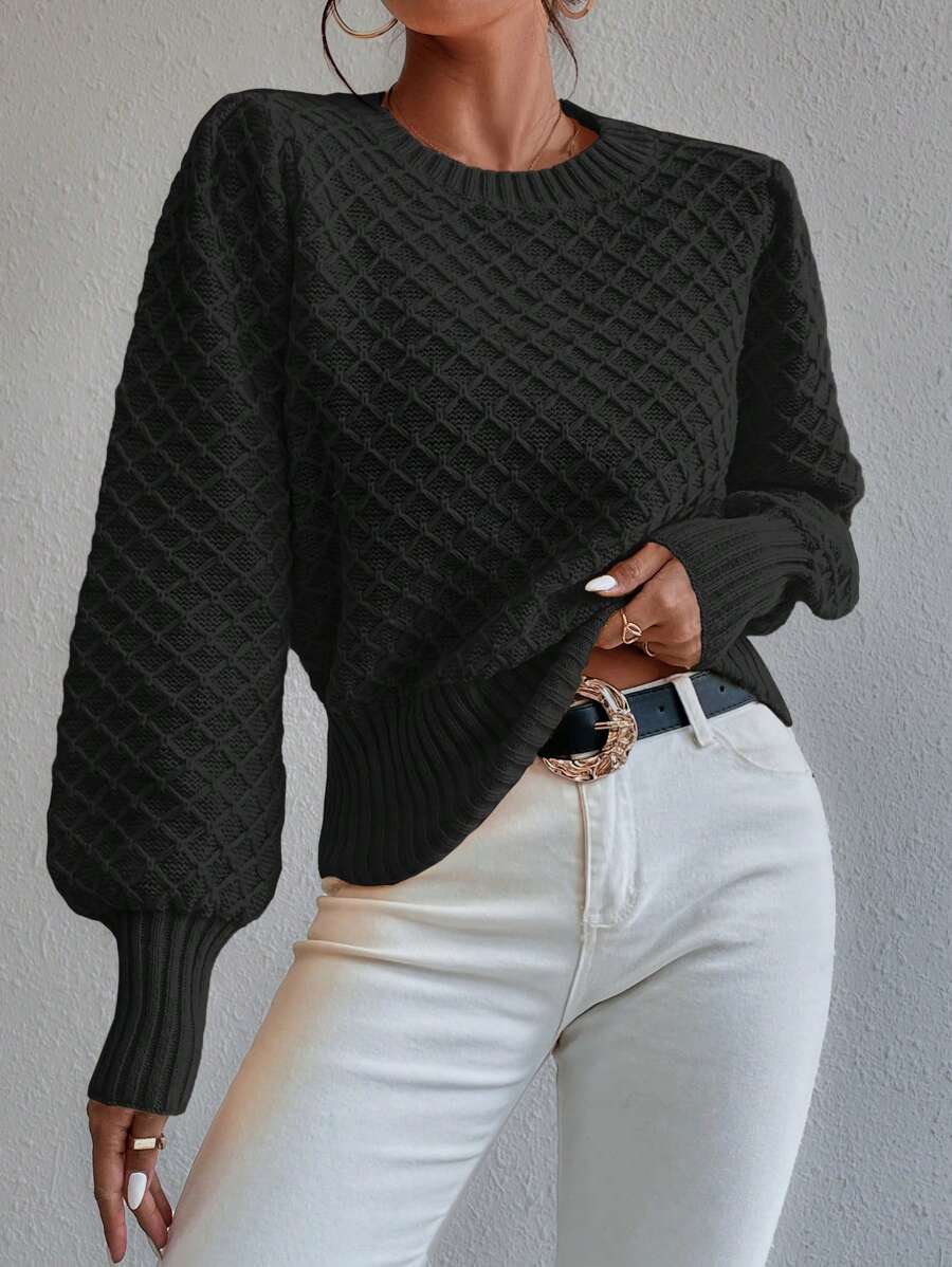 Chiquease 休闲日常纯色宽松针织套头毛衣，秋冬针织套头衫 - 黑色 - 查看 1