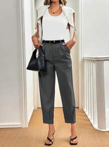 Chiquease 女式优雅纯色褶饰常规版型西装裤，秋季 - 深灰色 - 查看 7