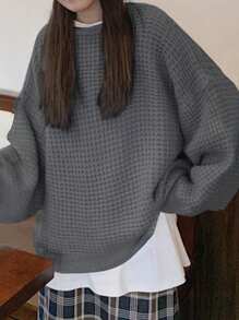 DAZY Áo len dệt kim cổ tròn tay loe màu trơn thường ngày cho nữ, quần áo mùa thu - Xám - Xem 3