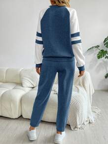 SHEIN LUNE Bộ 2 quần nỉ và áo len chắp vá màu tương phản thường ngày cho nữ, Thu/Đông - Màu xanh bụi bặm - Xem 2