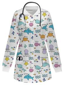 PopScrub Cute Cartoon Ocean-Themed Scrub Uniform Jacket - White - View 1