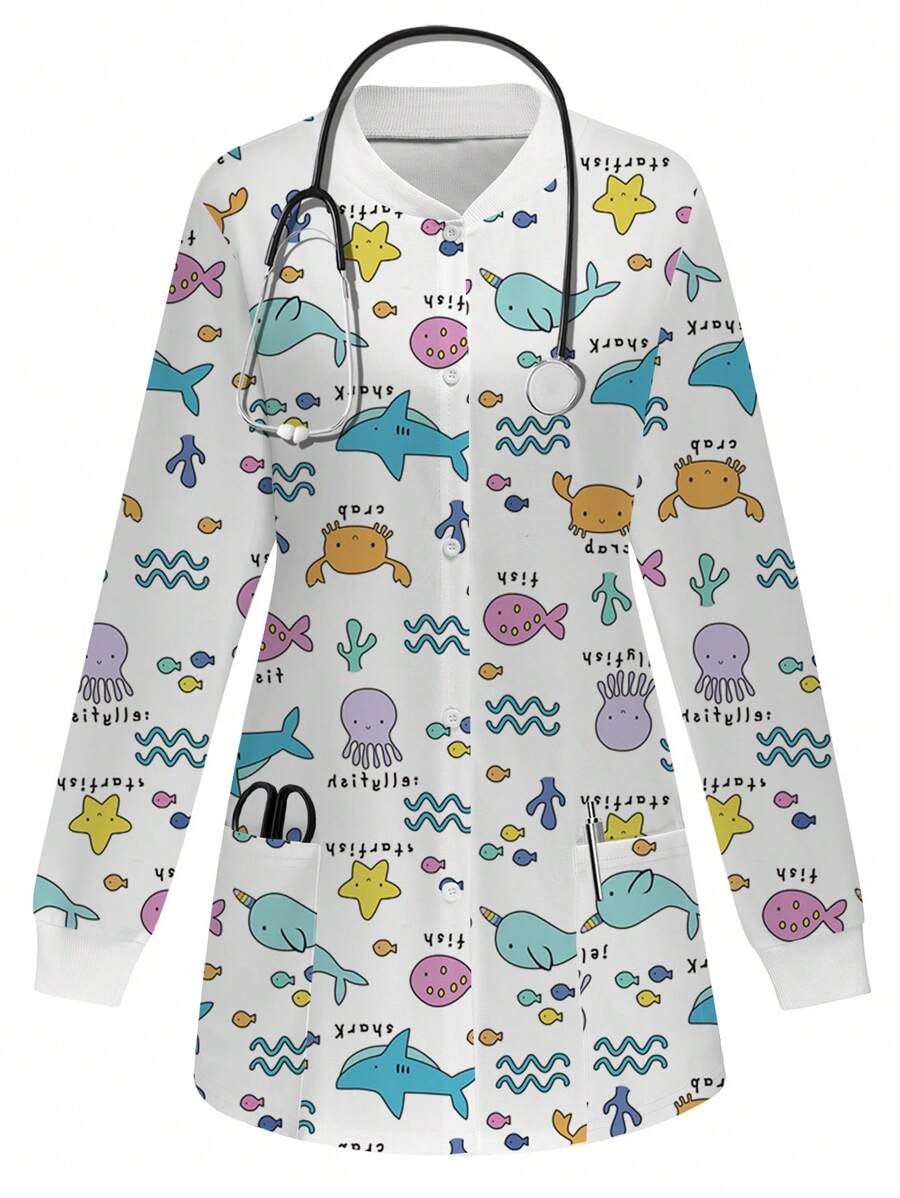 PopScrub Cute Cartoon Ocean-Themed Scrub Uniform Jacket - White - View 1