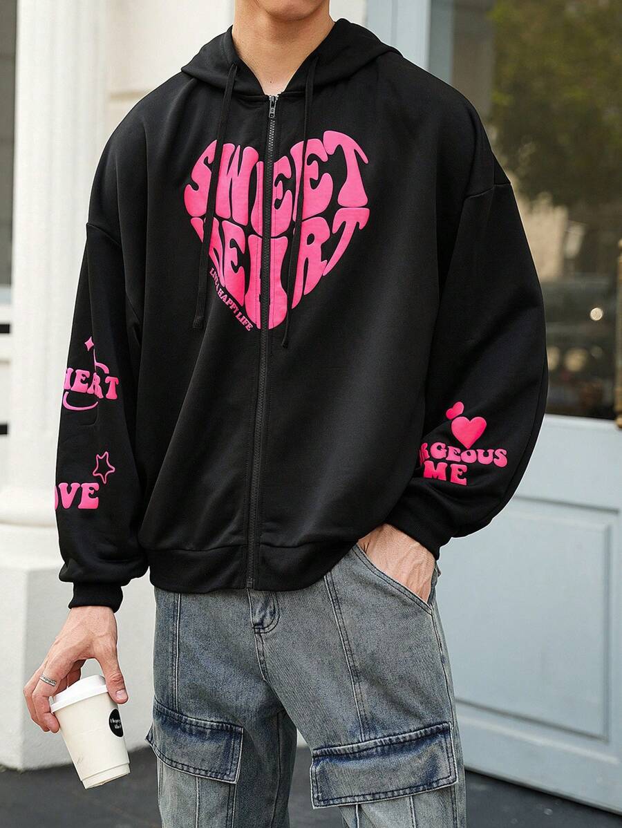 Manfinity VCAY Men's Loose Fit Heart Print Hoodie Sweatshirt For Autumn & Winter - Black - View 1