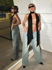 SHEIN ICON 女式性感纯色不对称下摆露背前系带无袖背心，夏季 - 黑色 - 查看 5