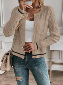 EMERY ROSE 女士纯色单排扣粗针织开衫毛衣，休闲，长袖上衣 - 杏色 - 查看 6