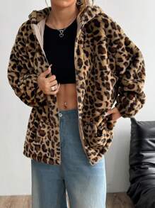 SHEIN Unity Women's Autumn/Winter Fashion Leopard Print Fleece Hoodie - Khaki - View 7