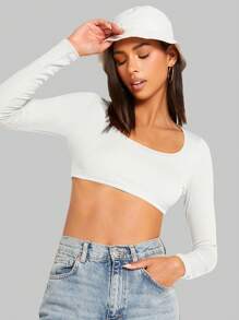 SHEIN BASICS Women Solid Color Round Neck Long Sleeve Cropped Fitted T-Shirt - White - View 3