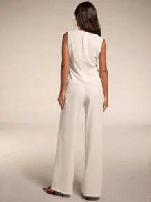 SHEIN BAE 女士夏季休闲纯色不对称下摆背心西装外套和裤子套装商务女装性感办公室女装两件套老款教师装秋季女装 - 杏色 - 查看 2