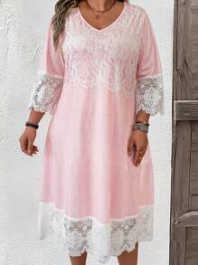 SHEIN LUNE Plus Size Fashion Casual Color Block Lace Patchwork Dress - Pink - View 1