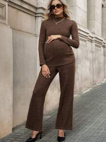 SHEIN Bộ 2 áo thun dài tay cổ đứng thoải mái cho bà bầu và quần ống loe có thể điều chỉnh ở eo - Cà phê nâu - Xem 5