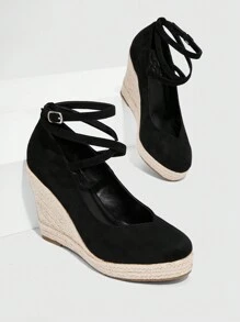 Styleloop 女式扣飾踝帶帆布鞋,春夏度假黑色仿麂皮內增高平底繩織底鞋 - 黑色 - 查看 5