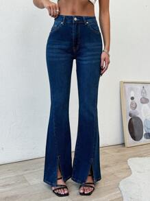 RueChic Jeans évasés avec taille mi-haute, poches en biais et fente à l'ourlet