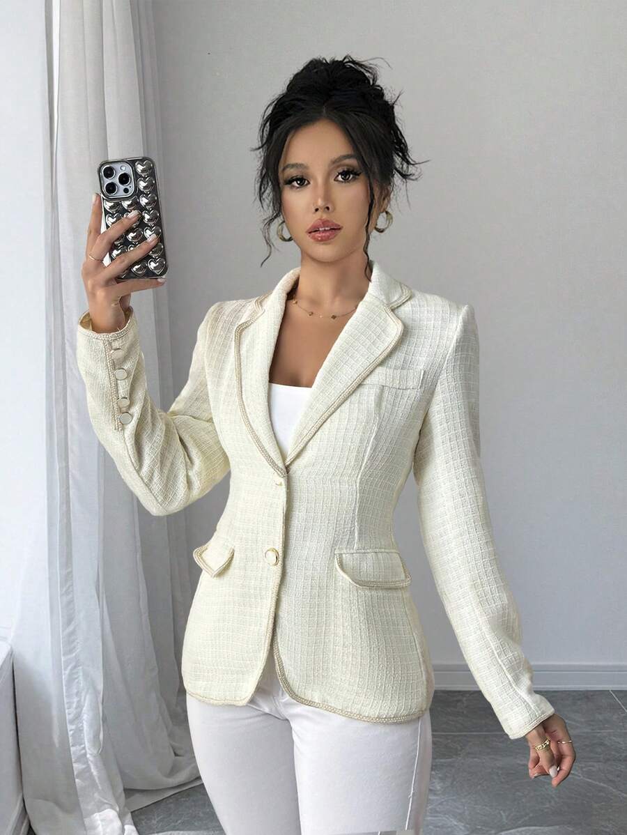 SHEIN Unity 1pc Plain Thick Knitted Cloth Lapel Collar Flap Detail Tape Trim Long Sleeve Overcoat - Apricot - View 1