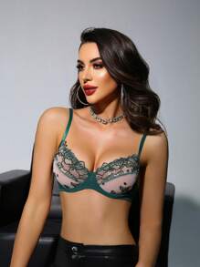 SHEIN 1 件套花卉刺绣网眼时尚女士文胸，内衣 - 墨綠色 - 查看 4
