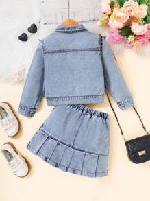 Young Girl Autumn Patchwork Frill Trim Long Sleeve Denim Jacket And Mini Skirt 2 Pieces Set - Medium Wash - View 2