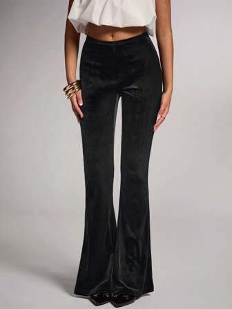 SHEIN BAE 女士黑色纯色天鹅绒松紧腰修身喇叭裤，适合秋冬季、夜店派对、狂欢派对、俱乐部派对