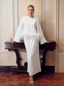 ZEYLAH 仿珍珠立领喇叭袖蓬松下摆上衣 - 白色 - 查看 6