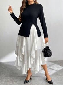 SHEIN Privé Plus Size High-Neck Split T-Shirt & Pleated Mid-Length Skirt 2 Pieces Set - Multicolor - View 6