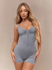 MISSGUIDED Zip Through Ruched Bust Detail Sweetheart Neckline Sleeveless Short Unitard Tummy Control Bodysuitbodysuits For Womenworkout Romper - Dark Grey - View 1