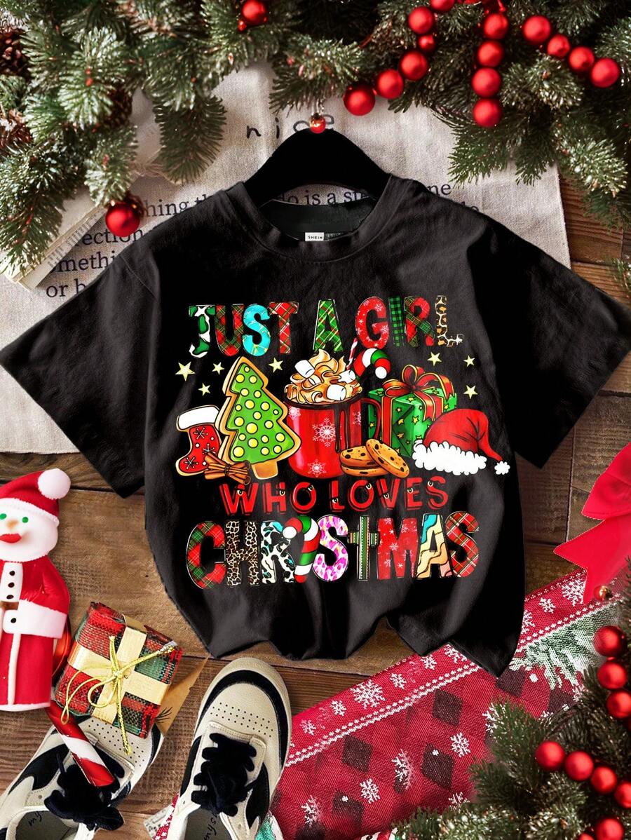 SHEIN Tween Girls' Simple Black Short Sleeve Crew Neck T-Shirt With Christmas Santa, Gingerbread Prints, Suitable For Spring Summer - Black - View 1