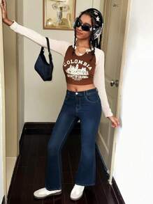 Teens Girls Y2K Dark Punk Skull Embroidered Rhinestone Stretch Flare Denim Shorts - Dark Wash - View 8