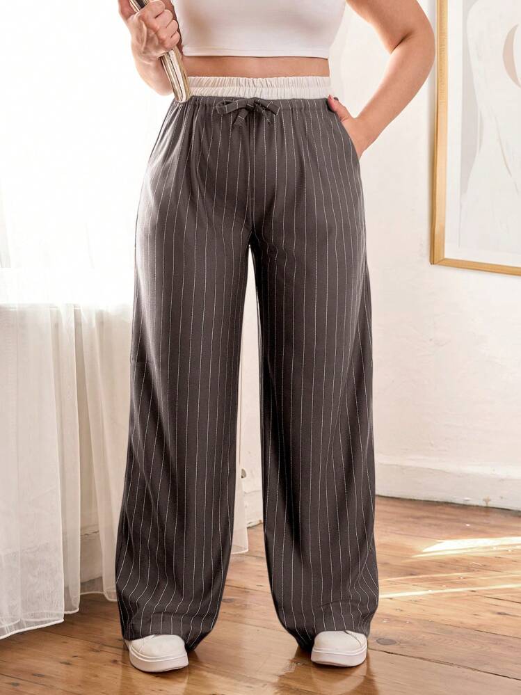SHEIN Plus Size Color Block High Waisted Vertical Stripe Pants SHEIN USA