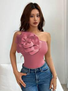 Islaluna Elegante Top sin mangas de un solo hombro con decoración floral 3D de unicolor