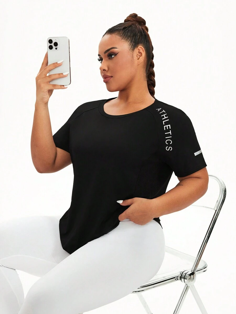 SHEIN Rhythm Era Áo thun thể thao tay ngắn in chữ cỡ lớn dành cho nữ tập gym - màu đen - Xem 1