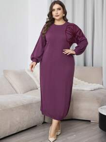 Modelyn 大码女式优雅圆领刺绣装饰长袖针织毛衣连衣裙 - 中紫紅色 - 查看 6