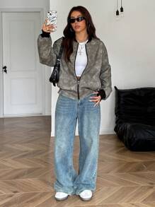 SHEIN EZwear Chaqueta regular de mujer con cuello de béisbol, mangas largas de hombros caídos y efecto desgastado en PU para otoño - Gris - Ver 1