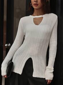 INAWLY Áo len nữ trơn màu cổ khoét lỗ tay dài xẻ tà, kiểu dáng thường ngày, thích hợp cho mùa thu đông, áo len chui đầu mùa thu. - trắng - Xem 1