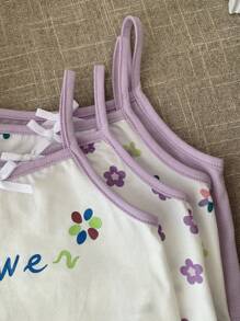 SHEIN Conjunto de 4 piezas de top corto de camisola acanalado con estampado floral y de letras para niña joven, con tirantes ajustables, en tonos morados