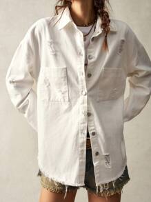 Bohemela 休闲纯色编织宽松落肩长袖女式夹克 - 白色 - 查看 2