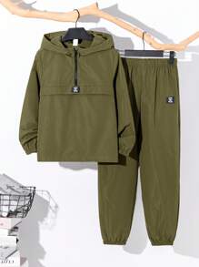 SHEIN 2pcs Tween Boy Half-Zip Hoodie Jacket And Jogger Pants Set, Casual Sports Style, Suitable For Autumn/Winter, Size 10, Color: Black, Green - Army Green - View 1