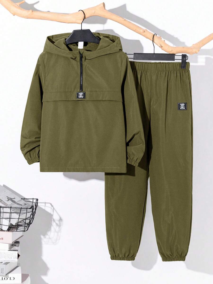 SHEIN 2pcs Tween Boy Half-Zip Hoodie Jacket And Jogger Pants Set, Casual Sports Style, Suitable For Autumn/Winter, Size 10, Color: Black, Green - Army Green - View 1