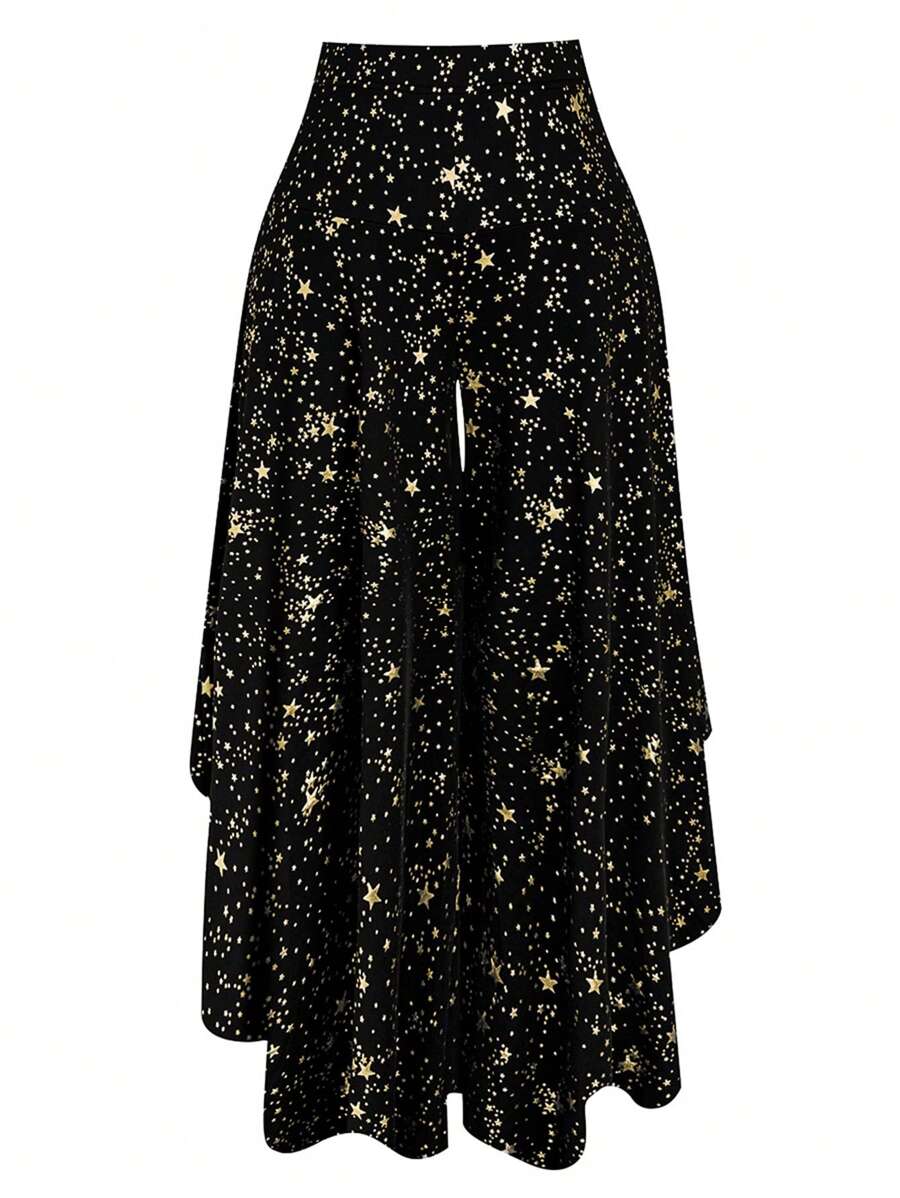 SHEIN Unity Plus Size Fashion Metallic Star Print Wide Leg Pants Fall Cloth For Women - Black - View 1