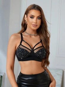 MidnightGlam 1pc Women's Milk Silk Rhinestone Embellished Wireless Bra, Rave, Lingerie For Women,Sexy,Valentine's Day,Wedding - Black - View 3