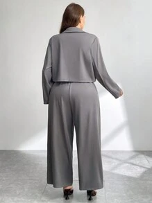 SHEIN Privé Plus Size Women Fashion Simple Gray 2Pcs Set, Formal Work Outfit, Thin Gray Jacket And Wide Leg Pants For Early Autumn Streetwear - Red Violet - View 2