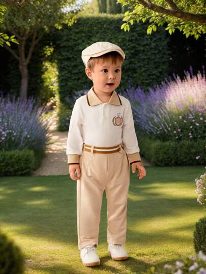 SHEIN 2件套新生儿男女宝宝学院风刺绣针织连体衣和裤子套装，面料柔软亲肤，纽扣前开襟连体衣，宽松腰带裤子，适合春秋季婚礼、生日、派对等场合穿着。