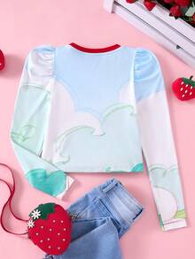 Strawberry Shortcake X SHEIN Tween Girl 可爱草莓印花甜美清新长款羊腿袖 T 恤 - 彩色 - 查看 2